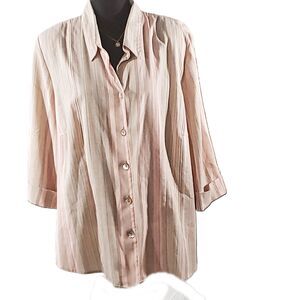 Dressbarn Tan Peach Stripe Button Up Collared 3/4 Roll Tab Blouse Size 22/24